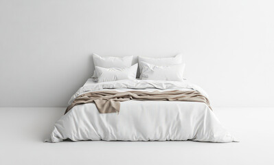 White Bed with Brown Blanket and White Pillows in Minimalist Bedroom Interior