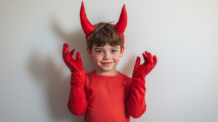 Halloween Happy child laughs out loud with devilish horns in a yellow turtleneck against a gray studio background. Happy Halloween holidays concept
