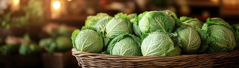 Closeup of cabbage heads in a wicker basket at a market, illuminated by warm natural light