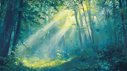 Obraz premium Sunbeams Illuminating a Dense Forest Clearing