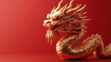 Fototapeta premium Golden dragon statue on a red background, symbolizing strength and prosperity