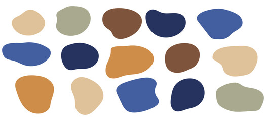 Modern liquid irregular drop shape. Vector abstract shapes in beige and blue colors. Irregular organic stains. Set of simple fluid circular shapes.