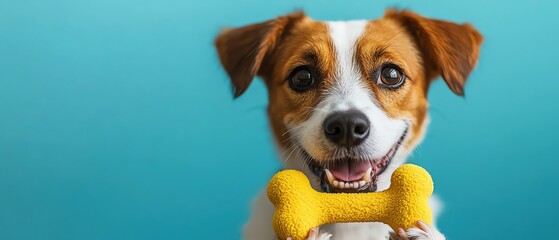 Happy dog holding a yellow bone toy, bright blue background