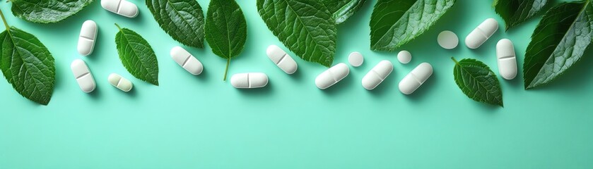 Herbal pills and leaves on a mint green background