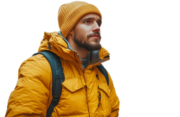 Young confident handsome man in thick warm yellow jacket, hat and backpack in autumn or winter. Cut out, transparent png, isolated, add your own background..
