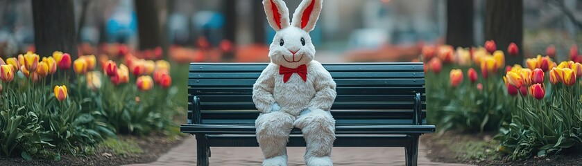 Person in a cheerful bunny costume sitting on a park bench, surrounded by colorful tulips and greenery