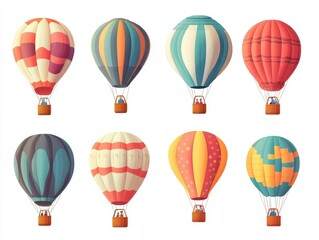 Illustration of a vibrant collection of vintage hot air balloons showcasing unique patterns and colors against a clean background.