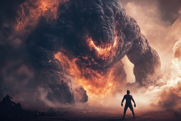 A lone figure faces a towering fiery monster on a dark smoldering landscape at dusk