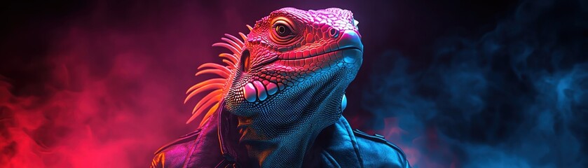 Fototapeta premium Punkstyle iguana in leather jacket, neon lighting, bold colors, edgy and cool