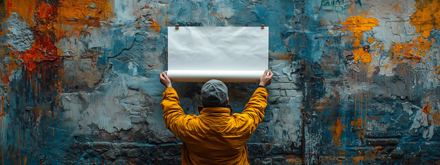 A person delicately mounts a rolled-up poster on a worn city wall.