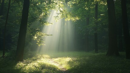 Obraz premium Sunbeams Through the Trees in a Verdant Forest
