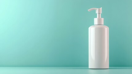 Elegant white skincare bottle with pump beside fresh greenery on a turquoise background