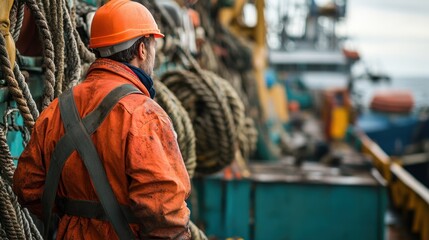 A fisherman in an orange suit and hard hat surveys the harbor while surrounded by ropes and fishing equipment on a cloudy afternoon