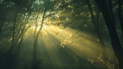 Obraz premium Sunbeams Illuminating a Misty Forest