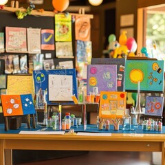 Obraz premium Colorful Artwork Display in a Classroom