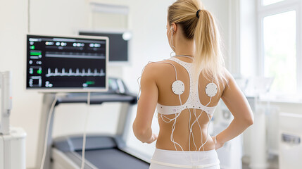 Rear view of a blonde female athlete in a modern white medical fitness test with sensors attached, checking her cardio status