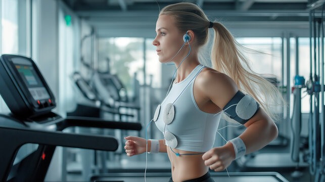 Side view of a blonde female athlete with ponytail, running on a treadmill with biometric sensors in a modern gym
