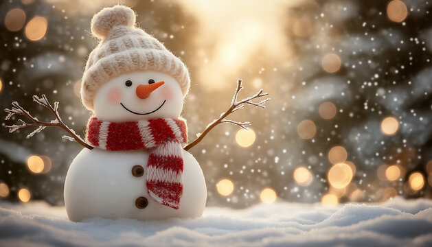 Christmas Background Banner with a Snowman on a Snowy Landscape - Powered by Adobe
