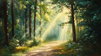 Fototapeta premium Sunbeams Through the Trees on a Forest Path
