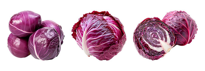 Red cabbage in various forms whole and halved showcasing its vibrant purple interior on a transparent background