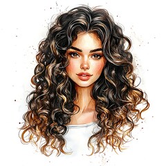 Fototapeta premium Watercolor Illustration of a Woman with Long Curly Hair.