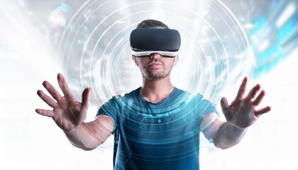Man experiencing virtual reality with his hands spread wide looking for a way put with dissolve effect