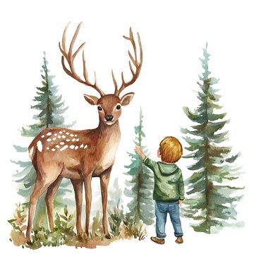 Watercolor Illustration of a Young Boy Meeting a Deer in the Forest.