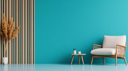 Bright modern interior featuring a white chair and decorative plants against a blue wall