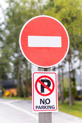 traffic Signs, Brick Sign, and No Parking sign