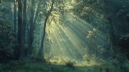 Fototapeta premium Sunbeams Illuminating a Misty Forest