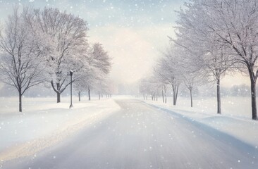 Fototapeta premium A tranquil winter pathway lined with snow-covered trees on a calm day