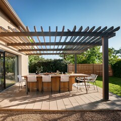 Fototapeta premium Modern backyard patio with pergola and outdoor kitchen on a sunny summer day