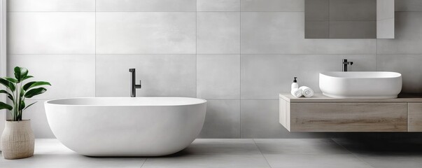 Fototapeta premium Concrete-look tiles with matte finish and seamless edges in a minimalist bathroom, minimalist bathroom tiles, industrial chic