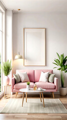 Fototapeta premium Home interior mock-up with pink sofa, table and decor in living room, 3d render, white Mock up frame