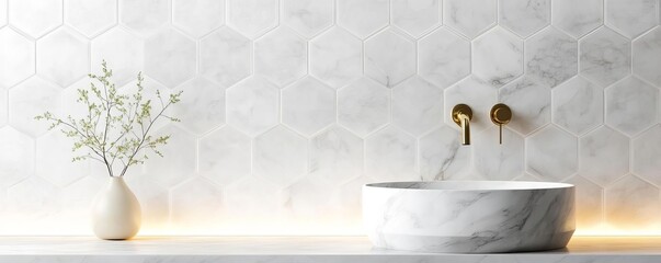 Hexagonal marble tiles with soft lighting in a minimalist bathroom, minimalist bathroom tiles, luxury minimalism