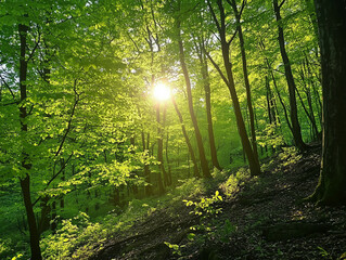 Naklejka premium Sunlight filtering through vibrant green forest in spring