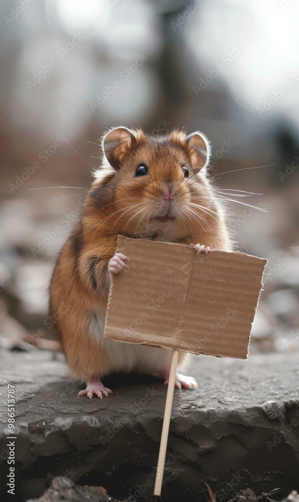 Wall mural A hamster holds a blank sign. AI.