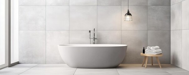 Fototapeta premium Large-format gray tiles with matte finish in a minimalist bathroom, minimalist bathroom tiles, industrial simplicity