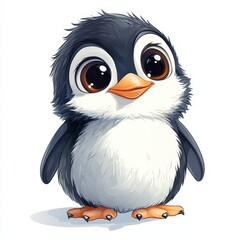 Fototapeta premium Adorable cartoon penguin with big eyes and fluffy feathers, perfect for children's books and playful designs, white background