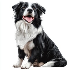 Fototapeta premium A playful black and white border collie sitting happily, showcasing its friendly personality and fluffy fur, white background