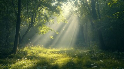 Fototapeta premium Sunlight Beams Through a Misty Forest Clearing