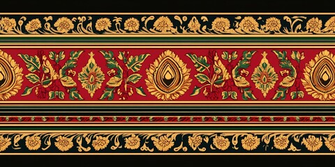 Gold floral pattern with red and green accents on a black background.