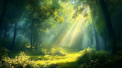 Sunbeams Illuminating a Mystical Forest Path