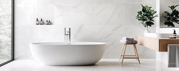 Large-format marble tiles with subtle veining in a minimalist bathroom, minimalist bathroom tiles, luxury and simplicity
