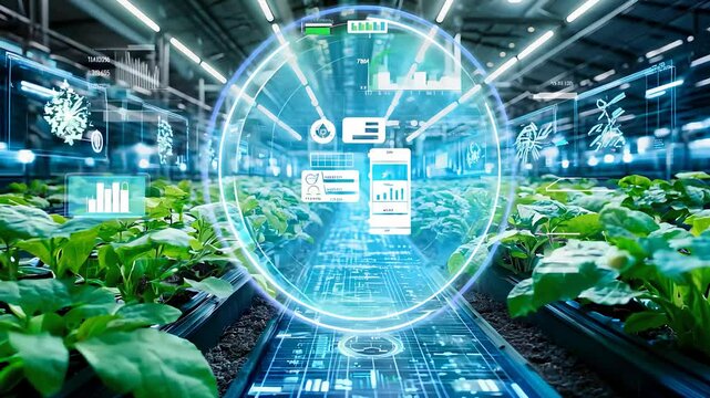  Futuristic smart farming technology with digital interface in greenhouse environment showcasing precision agriculture and sustainable innovation