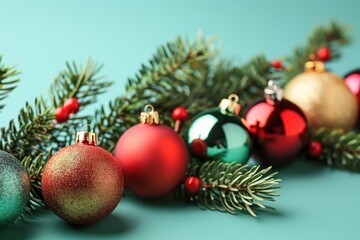 Obraz premium Christmas decorations with multicolored ornaments and red berries arranged on evergreen branches against a soft teal background, creating a festive and elegant holiday composition