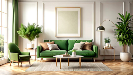 Home interior mock-up with green sofa, table and decor in living room, 3d render, white Mock up frame