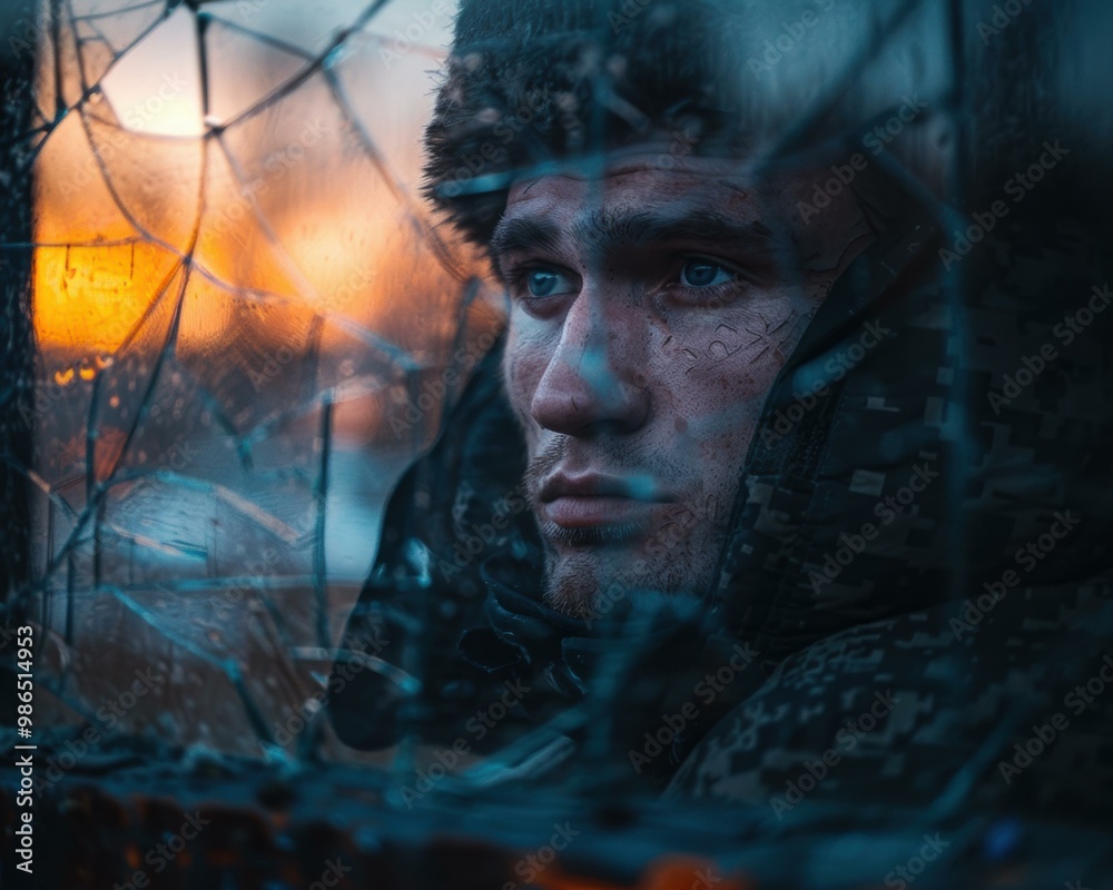 Canvas Prints A man looks through a broken window. AI.