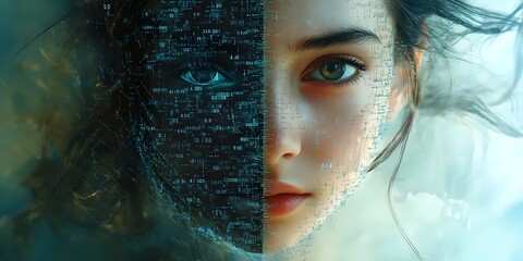 A woman's face is partially obscured by a digital overlay of blue code and numbers, creating a sense of mystery and the blurring of lines between the physical and digital worlds.
