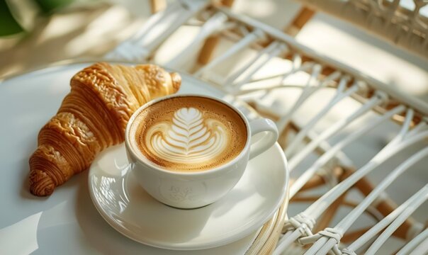 fresh delicious baked french croissant with cappuccino or latte coffee cup with milk foam